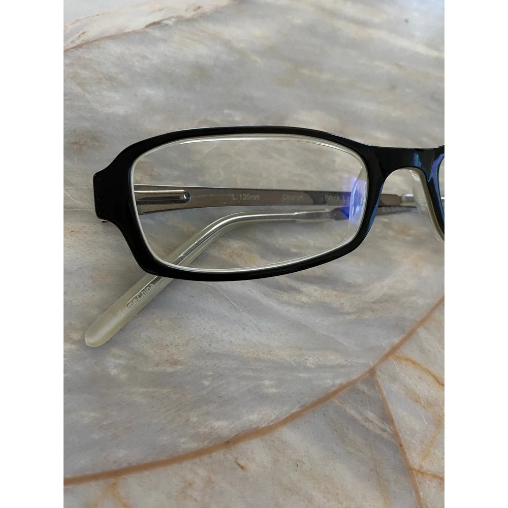 Ellen Tracy Charon Black Laminate Rectangular Eyeglasses Floral Etched Temples